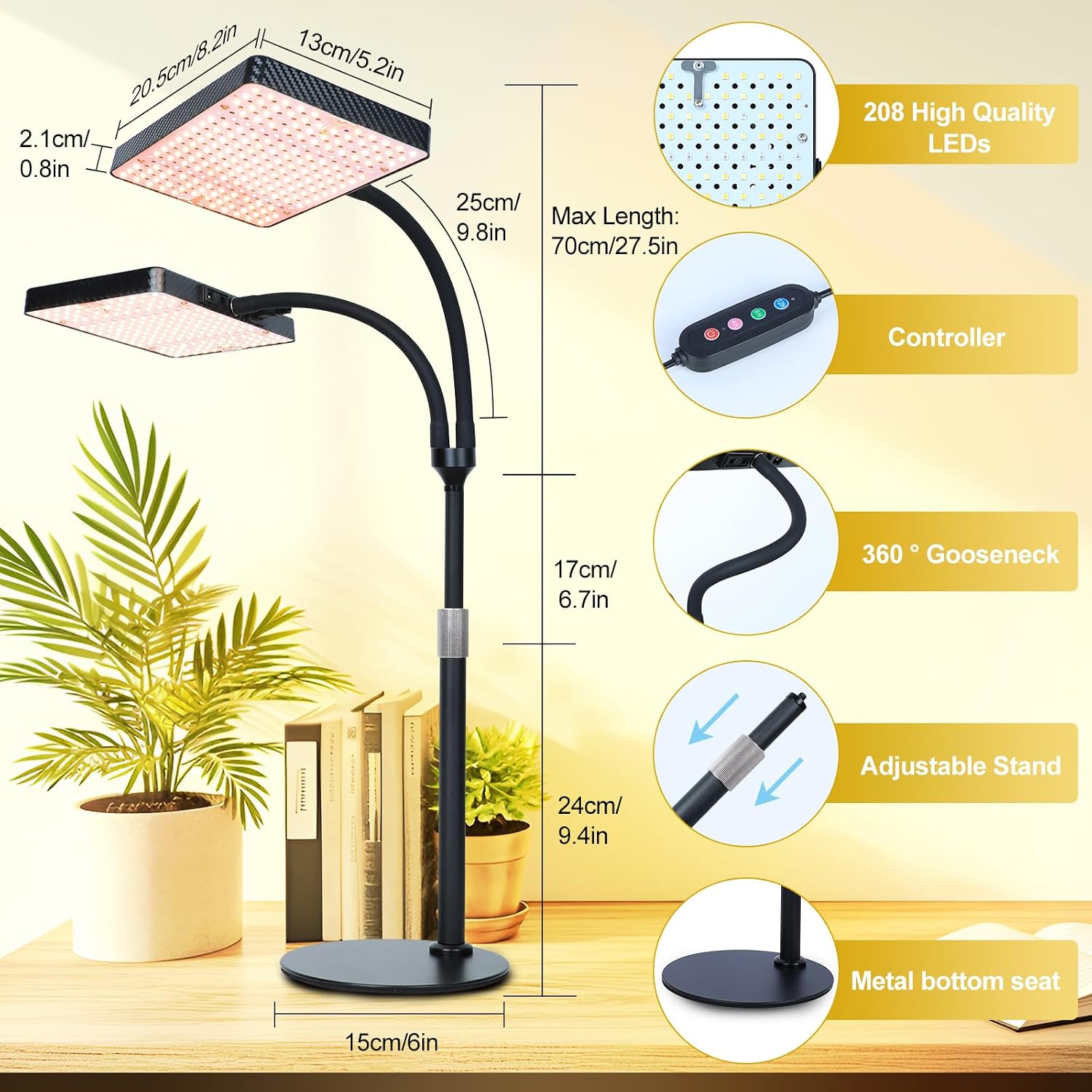 Detalle 1 de FECiDA Zinqolay Tabletop Grow Light, 2 Heads, Full Spectrum, 5-Mode Timer