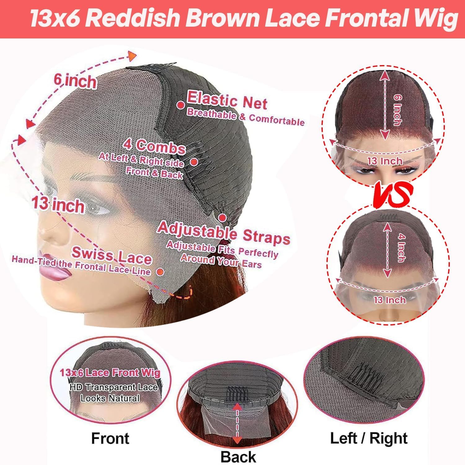 Thumbnail 2 de METDIO Reddish Brown Lace Front Wig 13x6 Body Wave, 180% Density, 26 Inch, 100% Human Hair