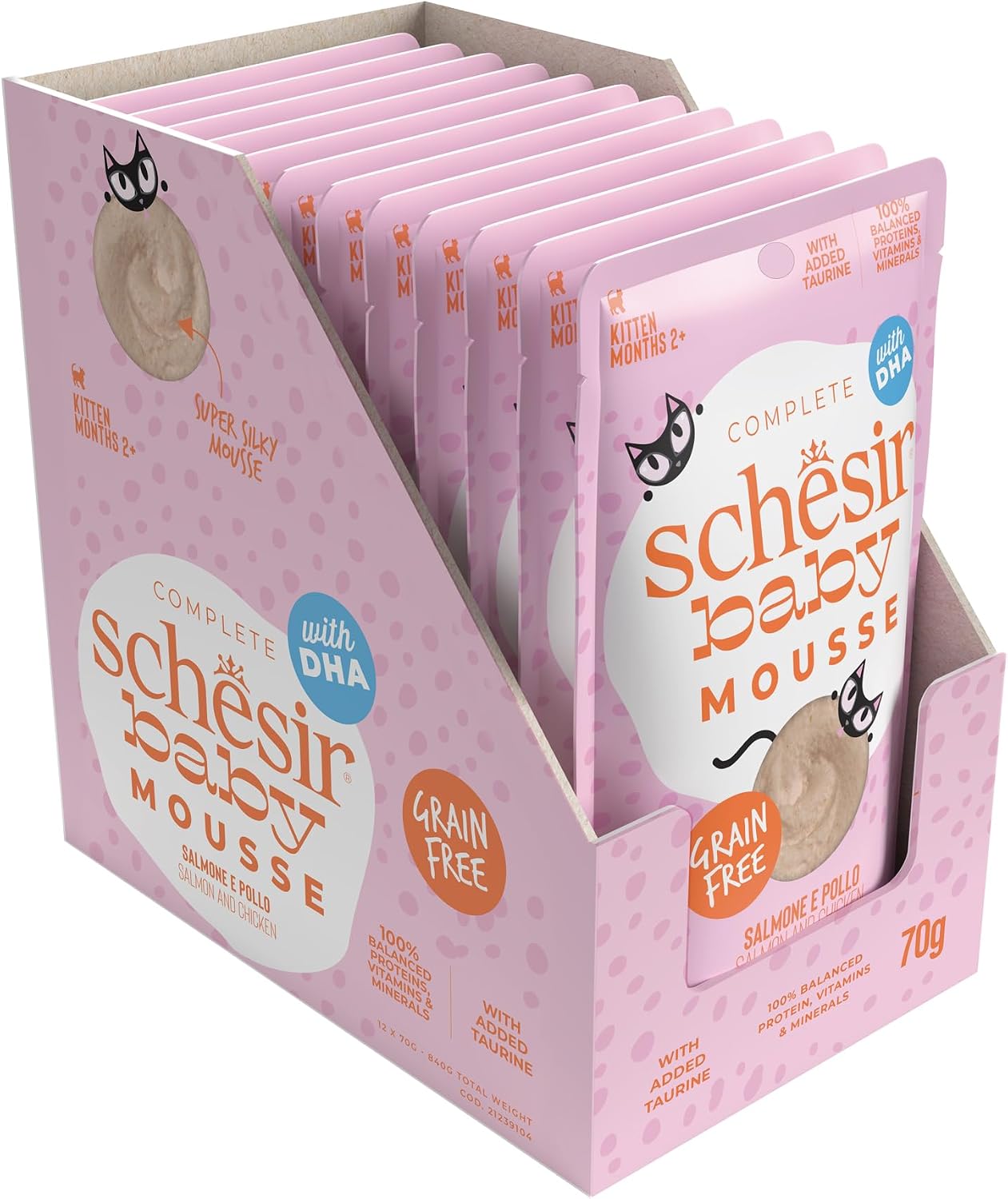 Detalle de Schesir Baby Filettini di Pollo con Salmone in Mousse per Gattini – Grain Free, DHA e Taurina, 12x70 g