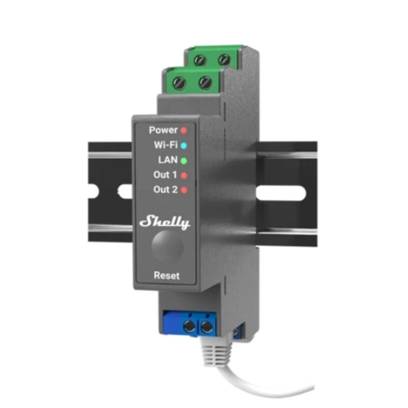 Detalle de Shelly Relé Wi‑Fi, LAN, Bluetooth DIN Pro 2: control profesional para automatización eléctrica