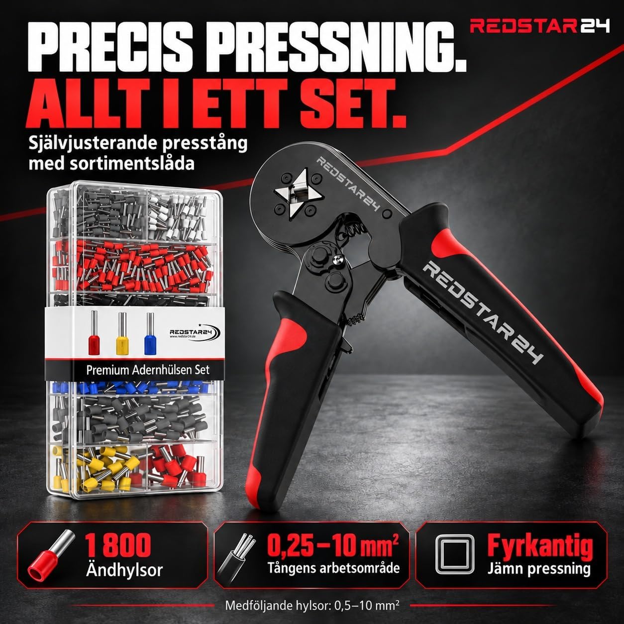 Thumbnail 1 de RedStar24 RS0152 crimptång med självinställning och 1 800 ändhylsor