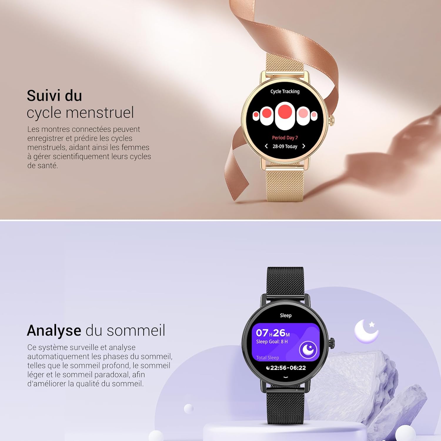 Detalle de Blackview Montre Connectée Femme – 1,26'', Appel Bluetooth, Suivi du Cycle et 100+ Modes sportifs