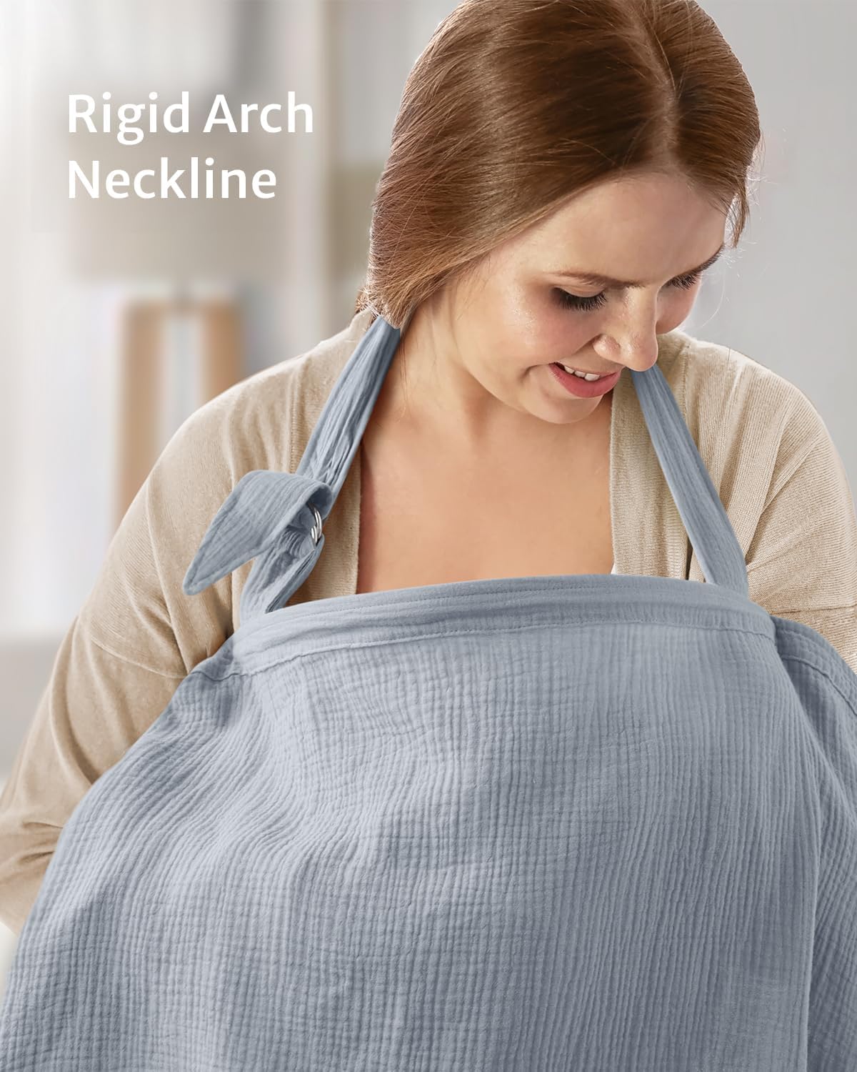 Detalle de Blissful Diary Muslin Nursing Cover: Breathable Arch-Neckline Feeding Apron in Light Blue