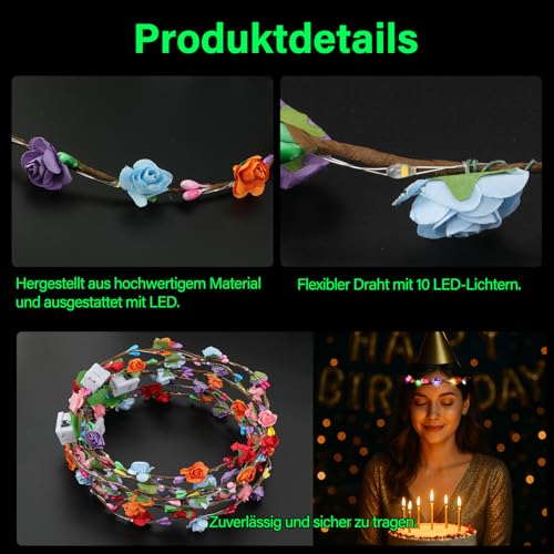 Detalle 2 de Corona de flores LED para la cabeza Kimimara – 6 diademas brillantes con opciones de parpadeo