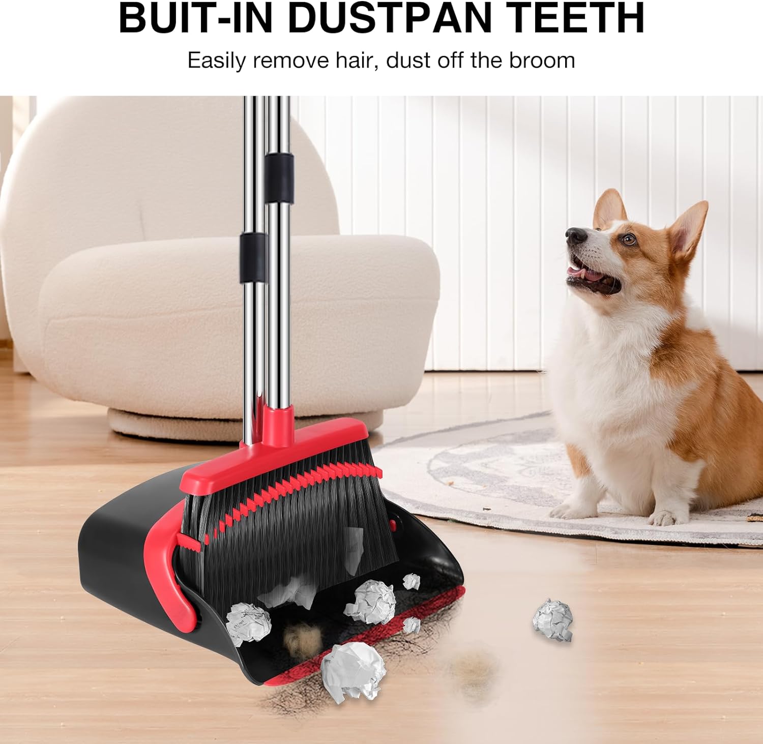 Thumbnail 3 de NACENA 52-Inch Adjustable Broom and Dustpan Set (2-Pack) with Built-in Teeth for Hair, Black & Red