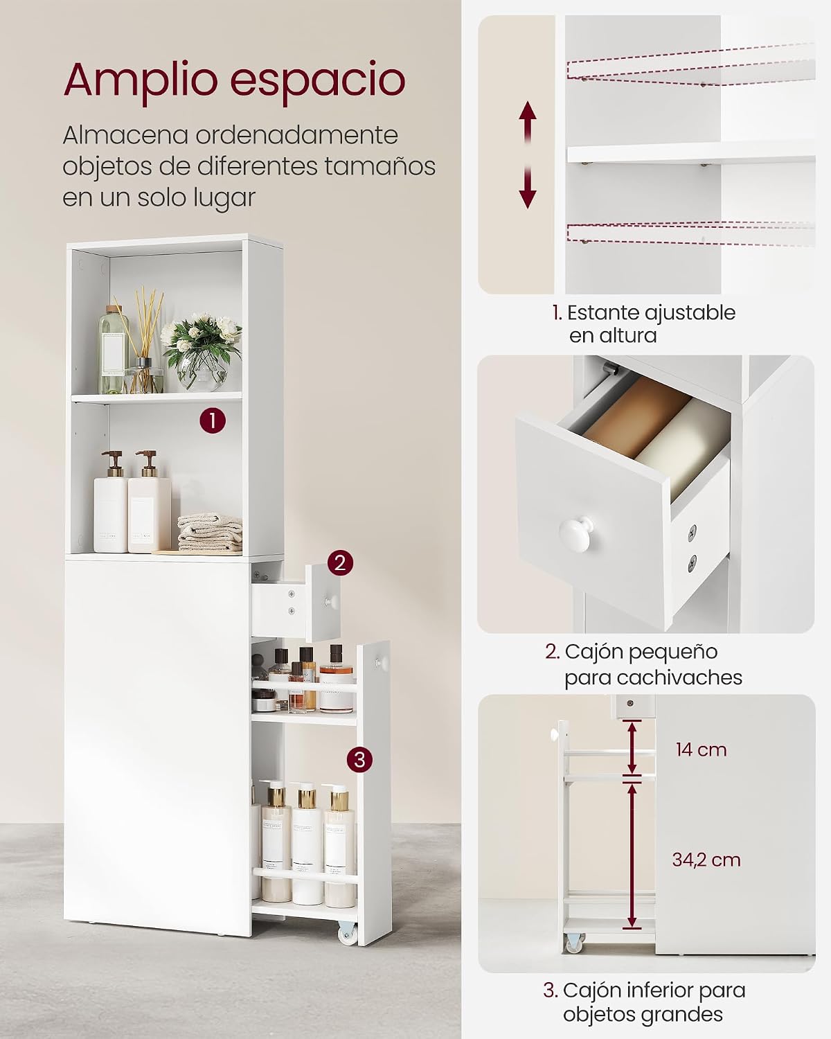 Detalle 2 de VASAGLE BBK567T14 armario baño alto 40x18x134,4 cm