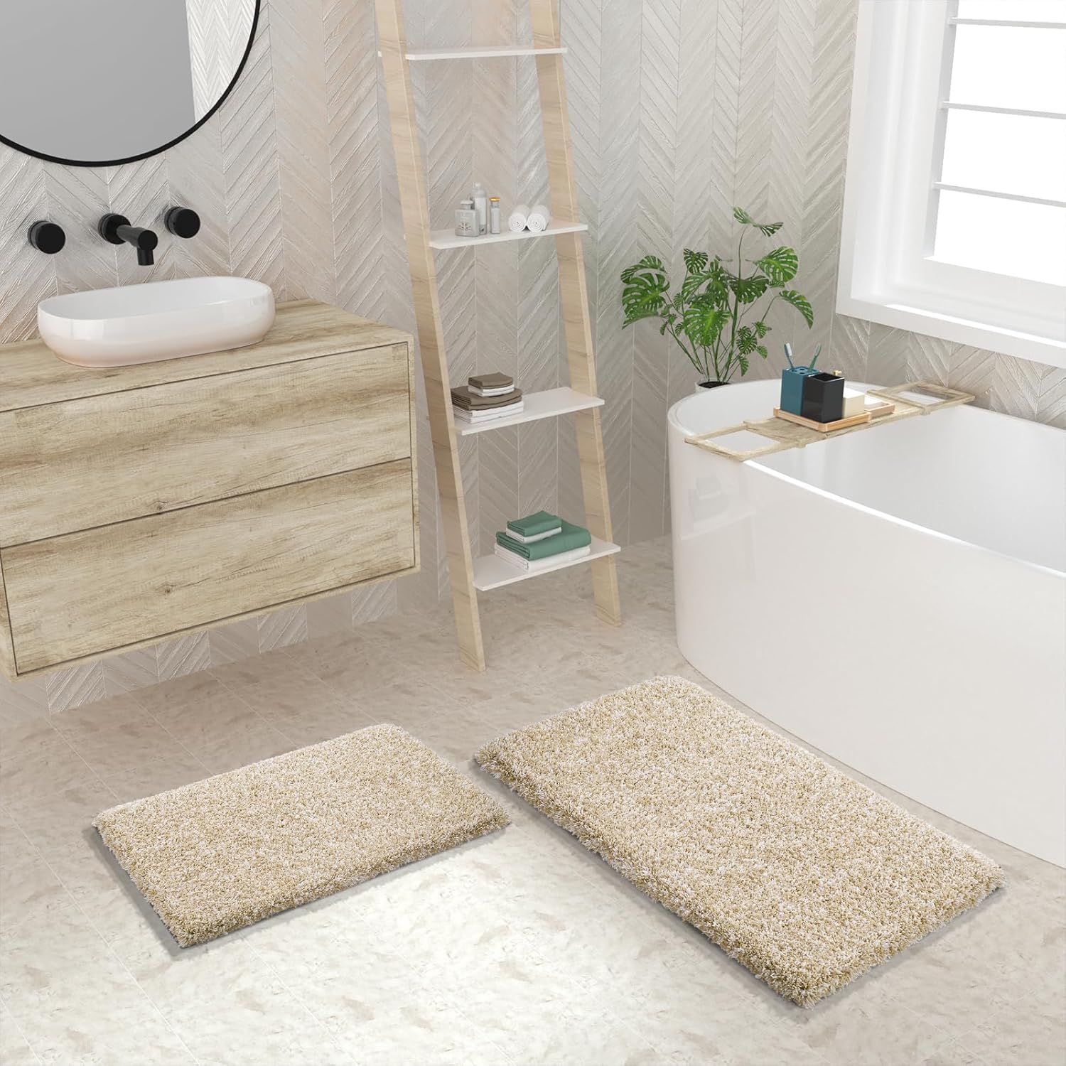 Thumbnail 1 de Yimobra 36x24 Plush Bathroom Rugs Non-Slip Washable Bath Mat (Light Beige and White)