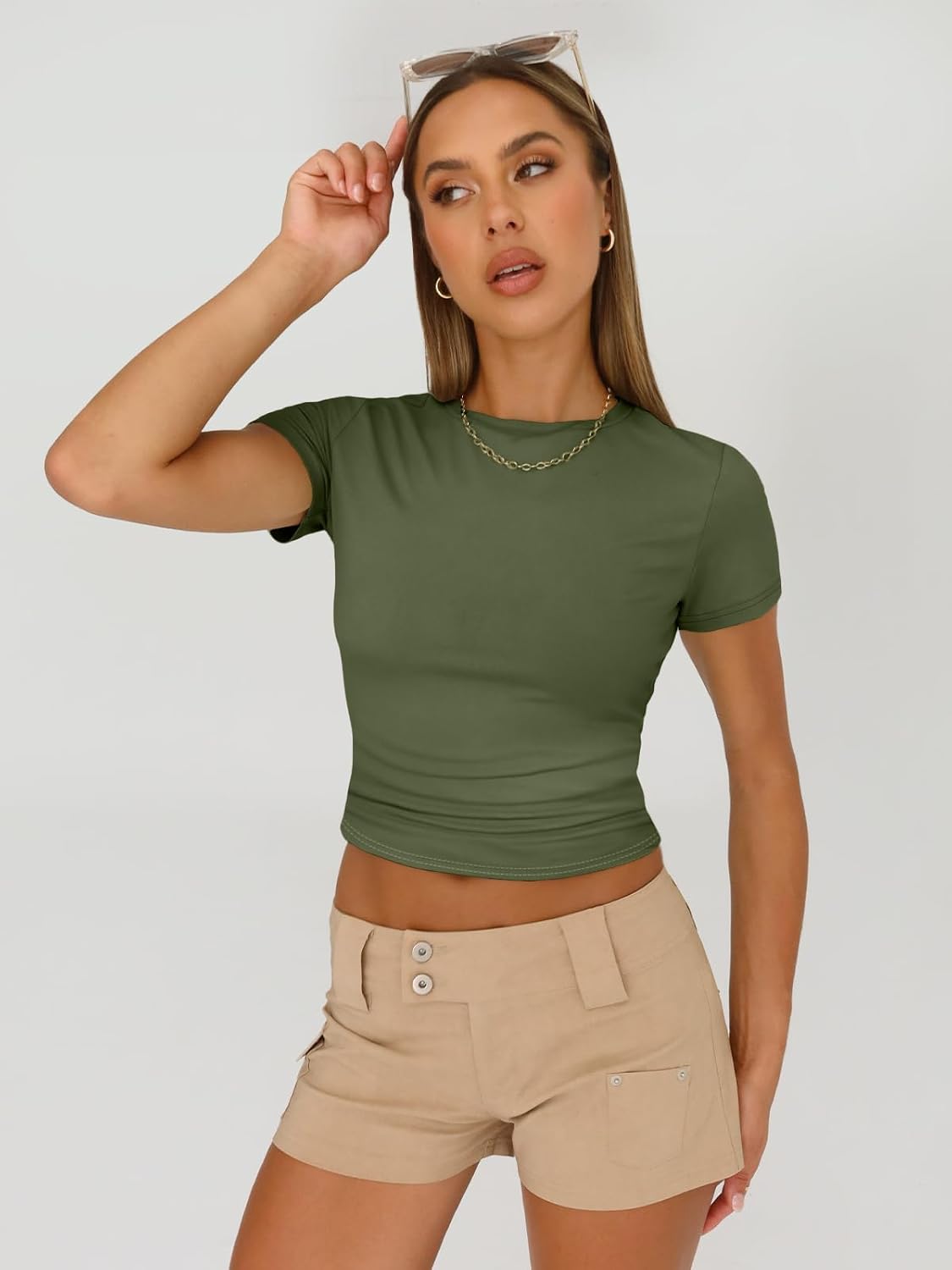 Detalle de AUTOMET Womens 3 Piece Y2K Crop Tops Set – Slim Fit Short Sleeve Basic Shirts