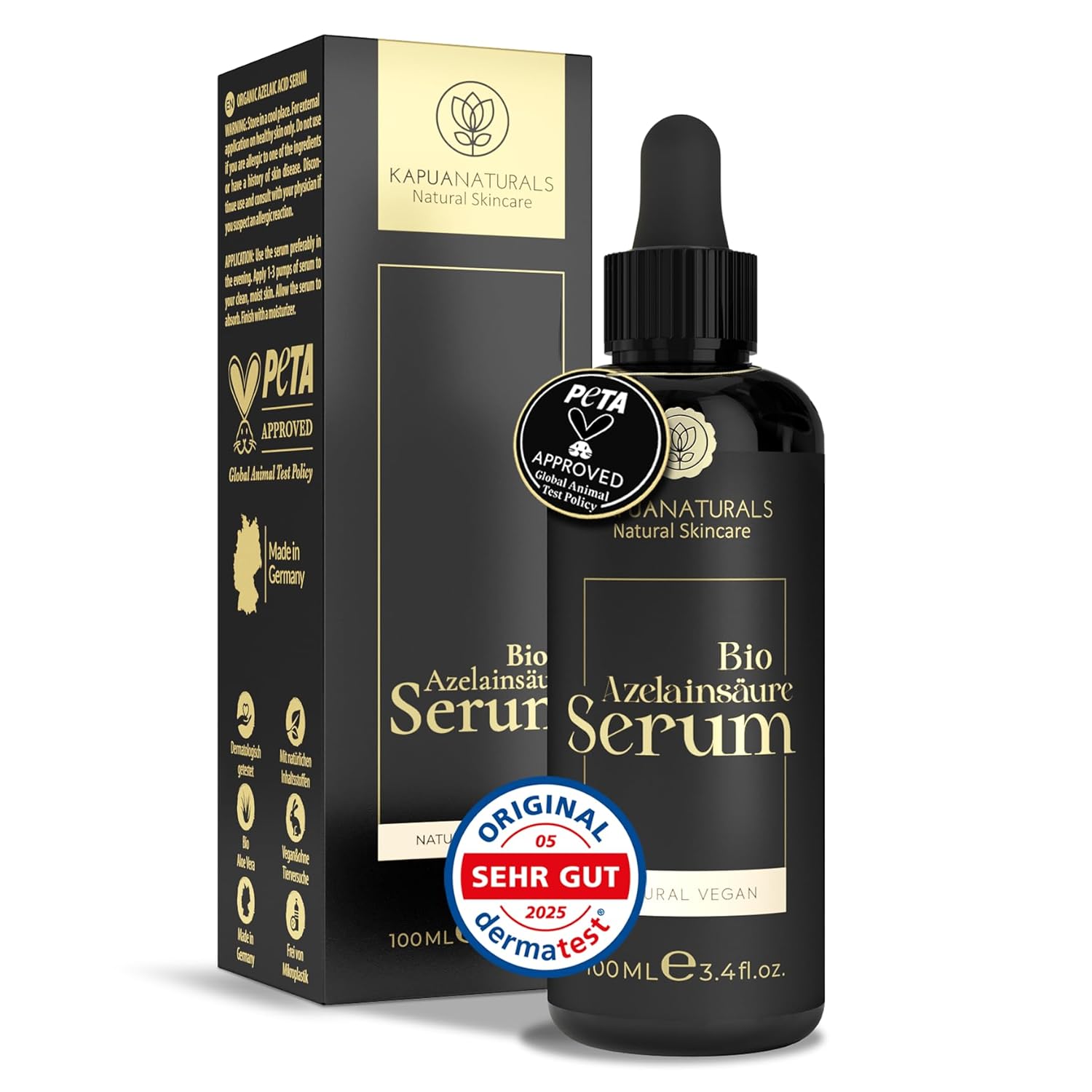 Detalle de BIO Azelainsäure Serum hochdosiert (100 ml) mit Panthenol, Zink, Calendula, Escin und Süßholz-Extrakt – vegan, made in Germany