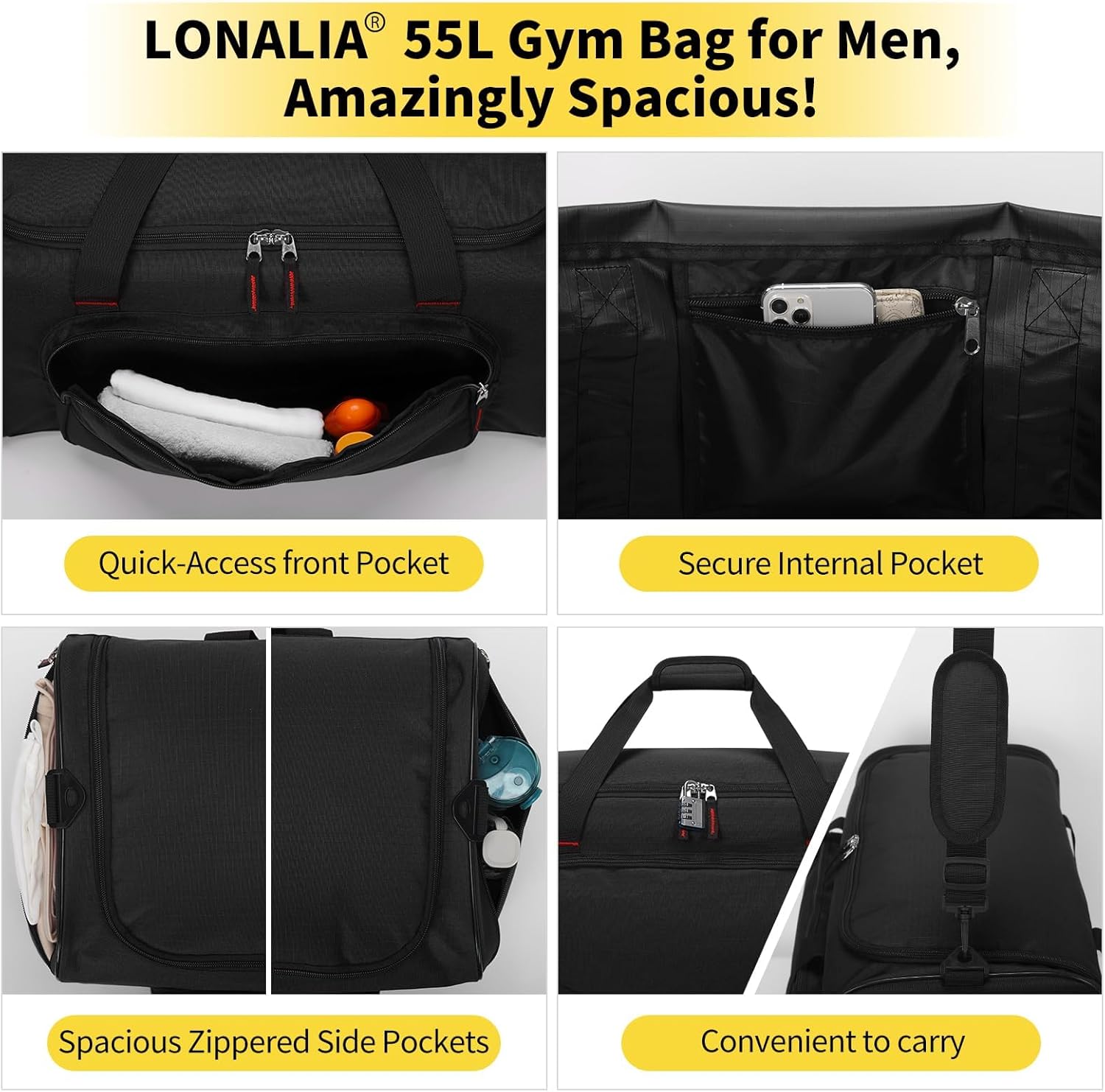 Detalle de LONALIA 55L gym duffle bag 22 inch holdall