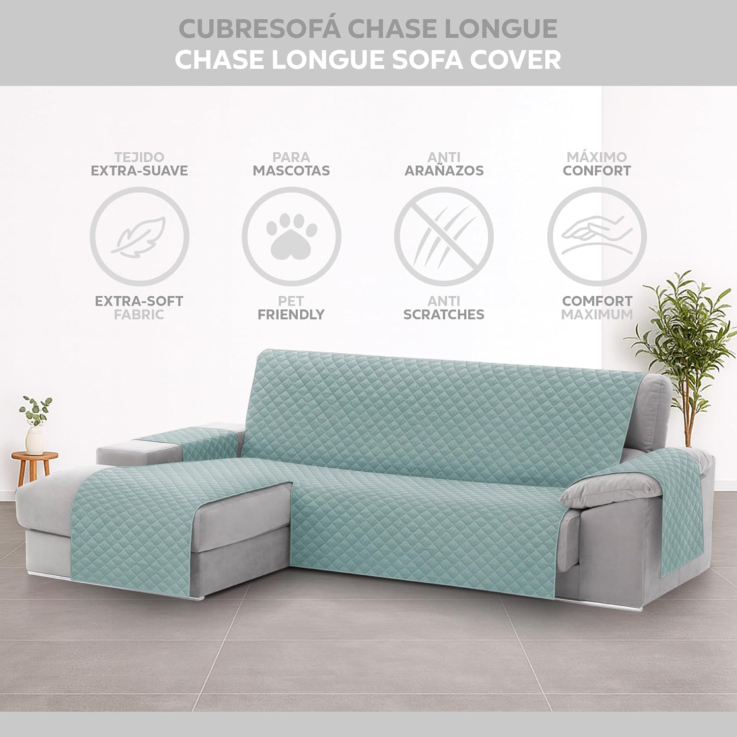 Detalle de Textilhome Malu copridivano chaise longue con penisola 240 cm, trapuntato universale acquamarine