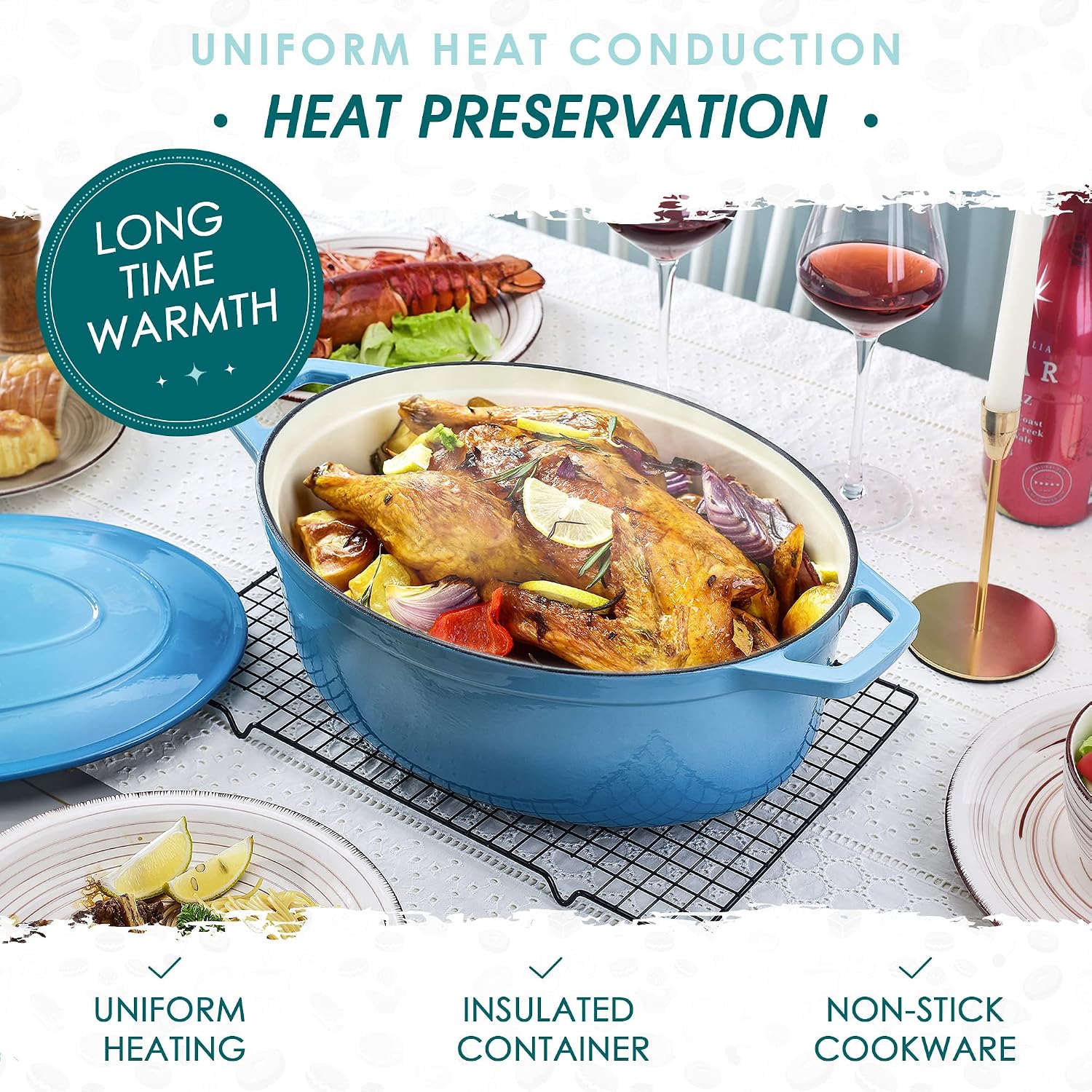 Thumbnail 2 de Vancasso 37cm Oval Cast Iron Casserole Dish with Dual Handles and Lid, 8 L, Enamelled Blue