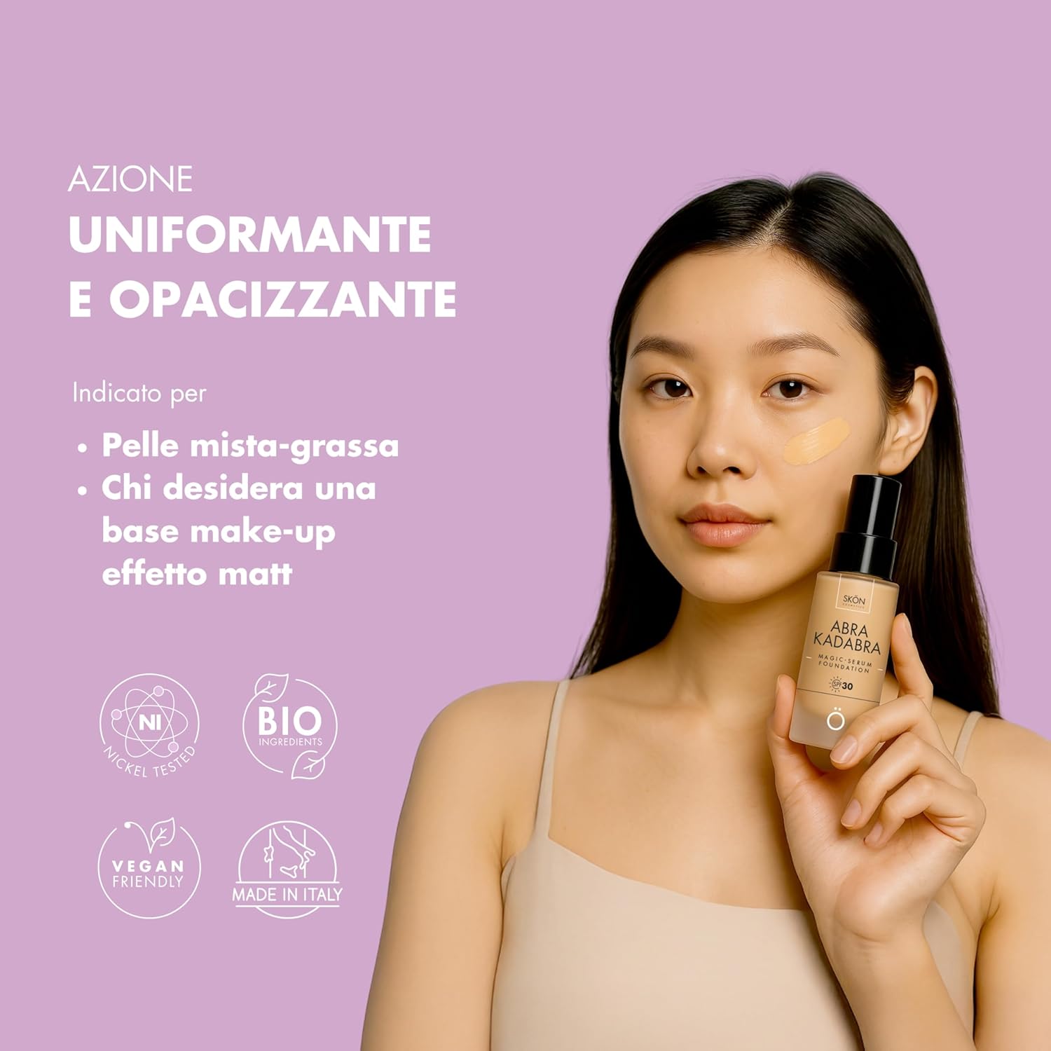 Detalle de Skön Abrakadabra Soft Matt – Siero Fondotinta SPF30 con Ialuronato, Vitamina E e Finish Opaco, 30 ml