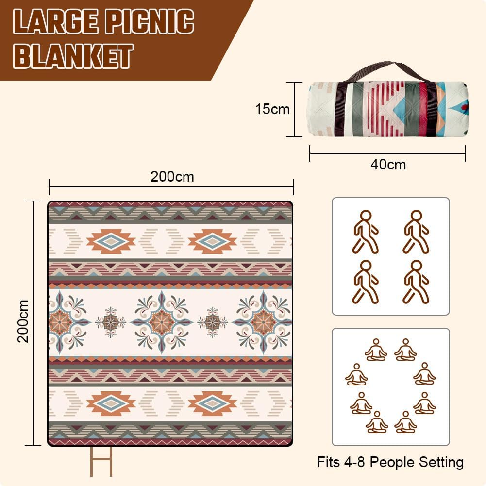 Detalle 2 de AUAUY koc piknikowy boho 200 × 200 cm, wodoodporny, z paskiem do noszenia