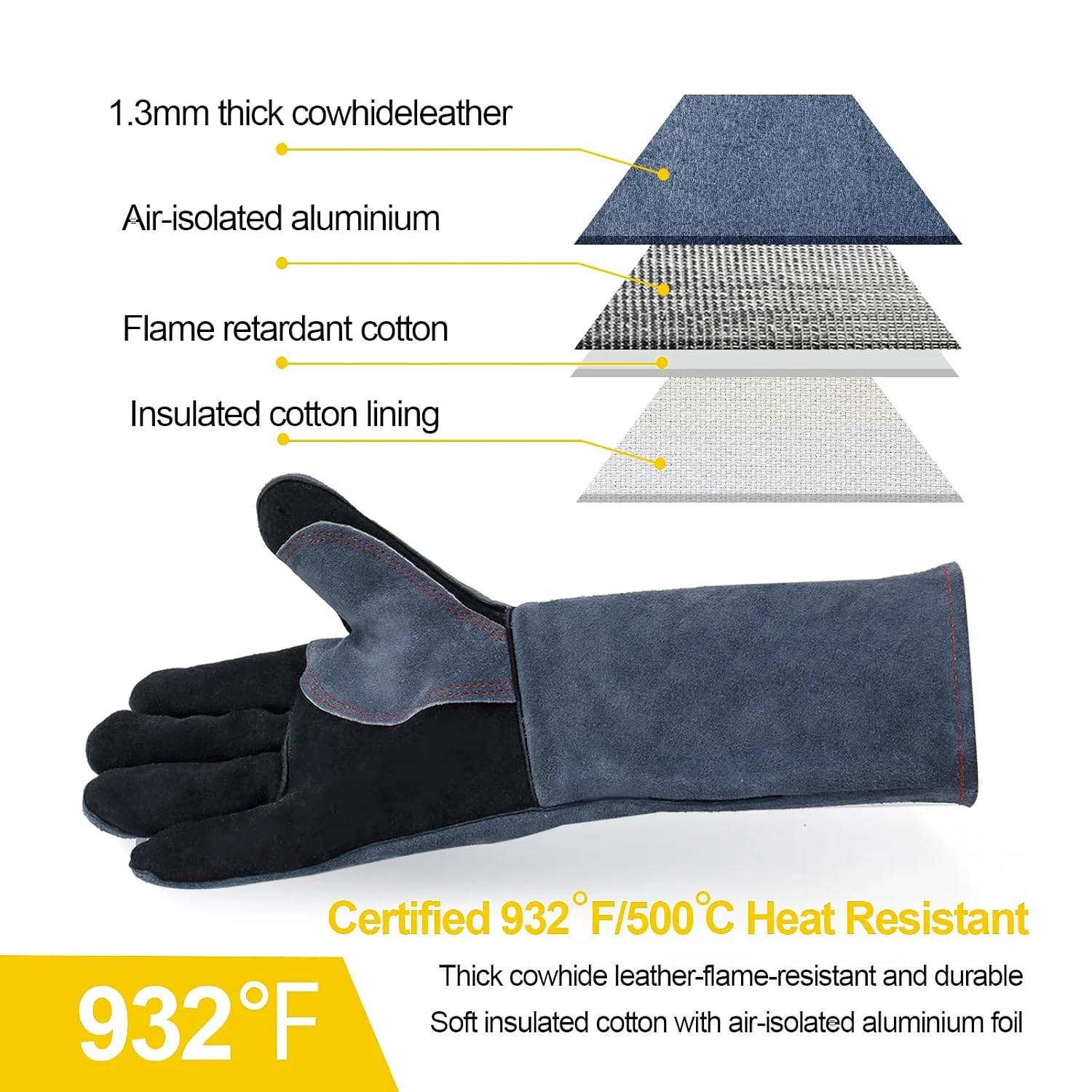 Thumbnail 2 de H HZXVOGEN 16 Inch BBQ Welding Gloves: 932°F Heat‑Proof, Extended Cuff for Welding and More