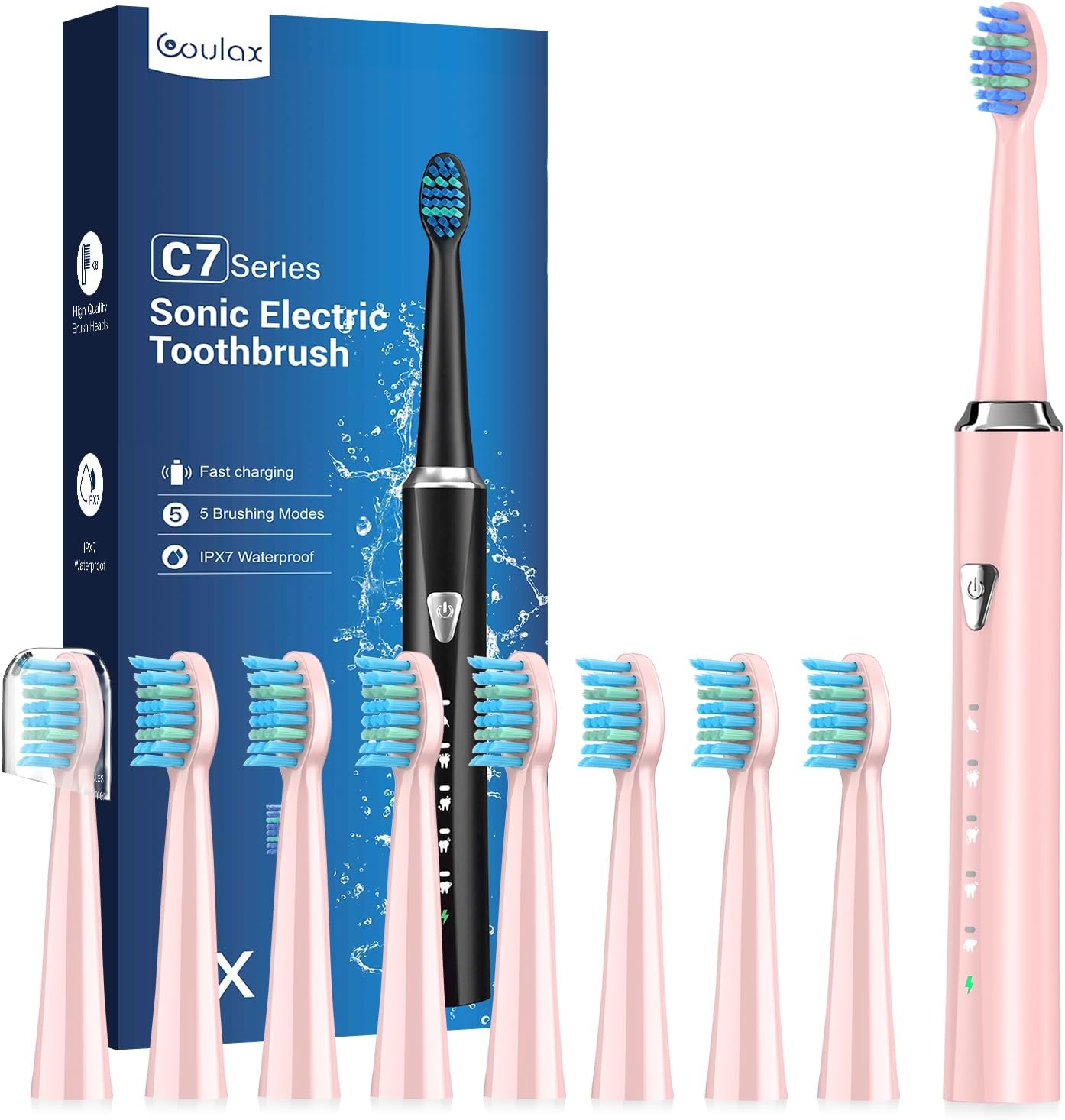 Detalle de Spazzolino elettrico sonico rosa perlato con 8 testine, 5 modalità e IPX7