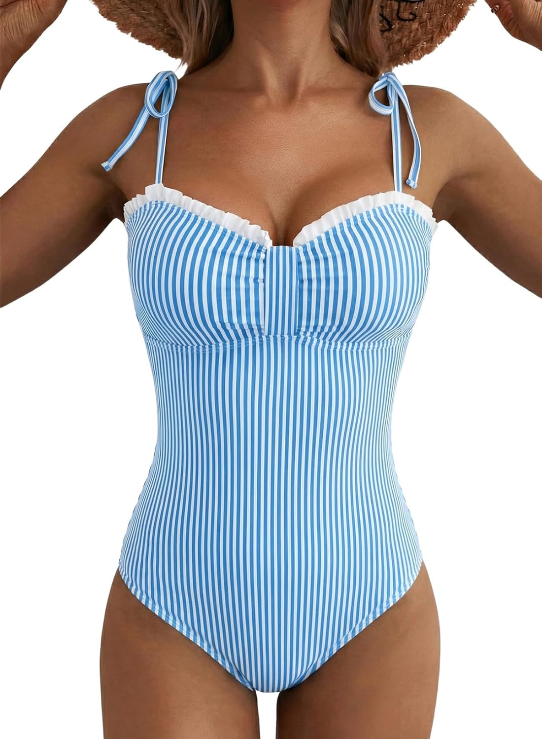 Detalle de Herseas Women's Striped One Piece Swimsuit with Tie Shoulder and High Cut