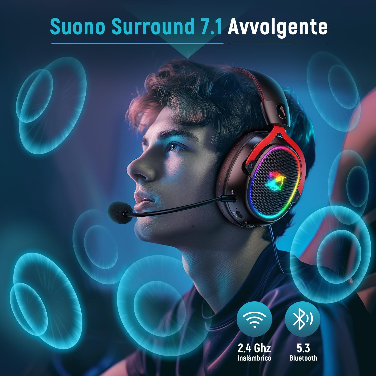 Detalle de Cascos Gaming Inalámbricos Ozeino para PS4/PS5/PC: Sonido 7.1, 2.4 GHz y Bluetooth con 40+ horas de batería