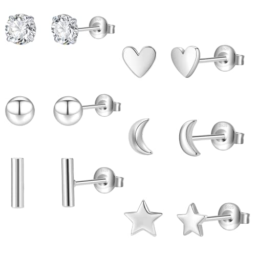 Detalle de PABBEU 6 Pairs Sterling Silver Stud Earrings – Star, Moon, Ball and Heart Designs