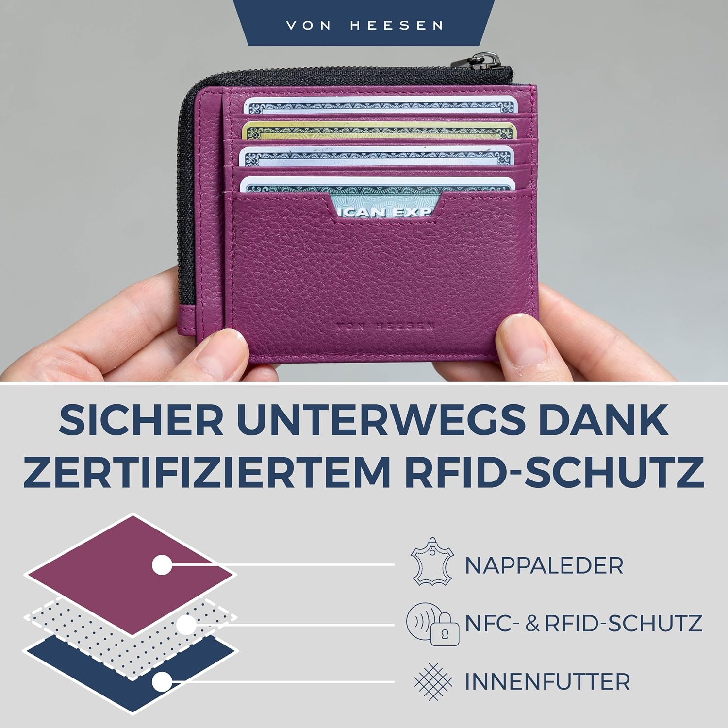 Detalle de VON HEESEN Leder Kartenetui Geldbörse für Herren & Damen (Medium, Pink)