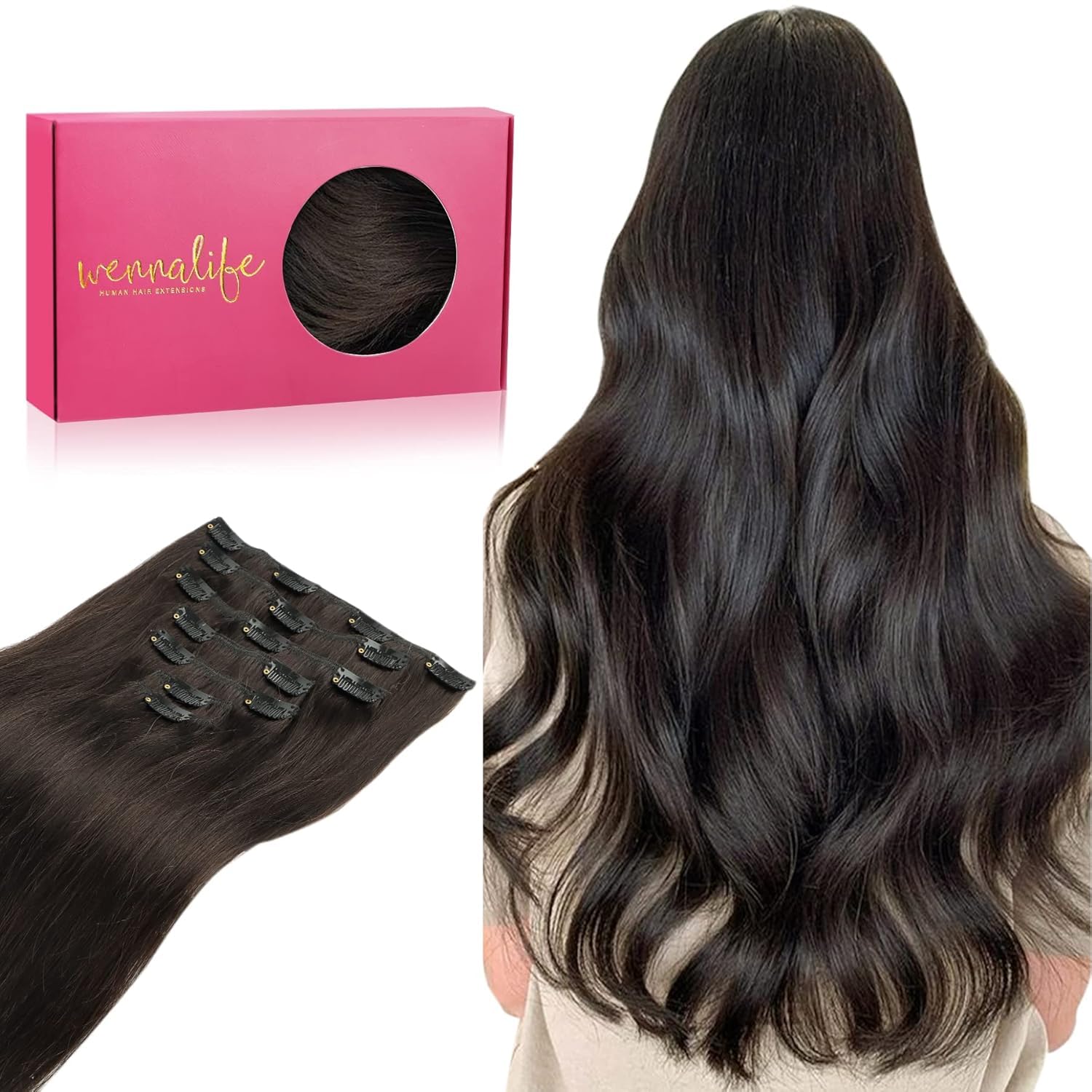 Imagen de WENNALIFE Clip-in Echthaar Extensions Dunkel Braun, 35 cm (7-teilig, 120 g) en OfertitasTOP