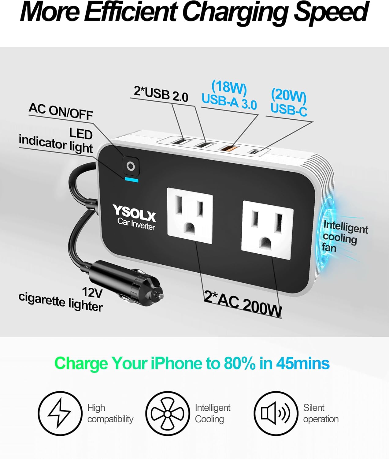 Detalle de YSOLX 200W Car Power Inverter (12V to 110V) with 2 AC Outlets and 4 USB Fast Charging