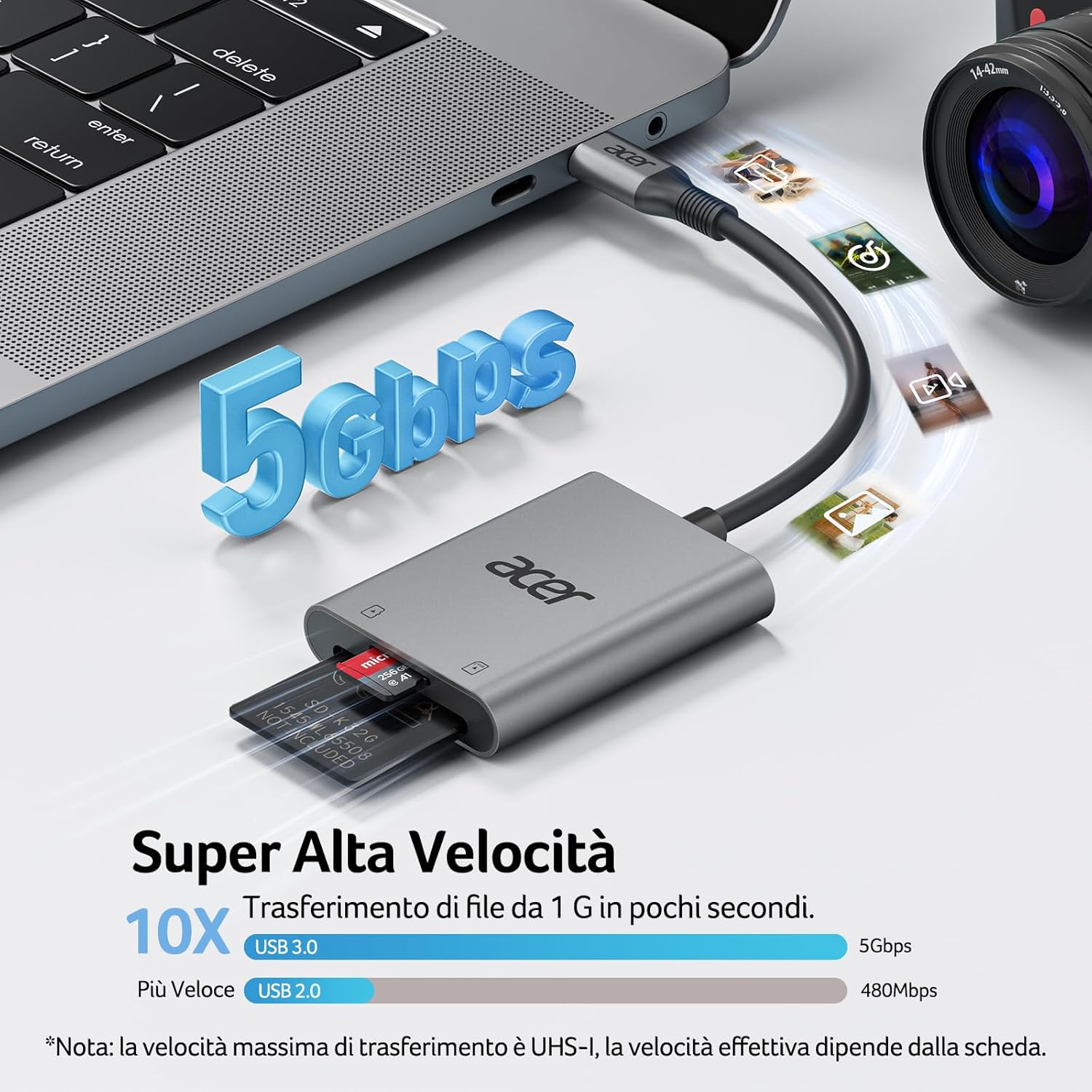 Detalle de Lettore di schede SD USB C Acer: lettura/scrittura simultanee e compatibilità ampia