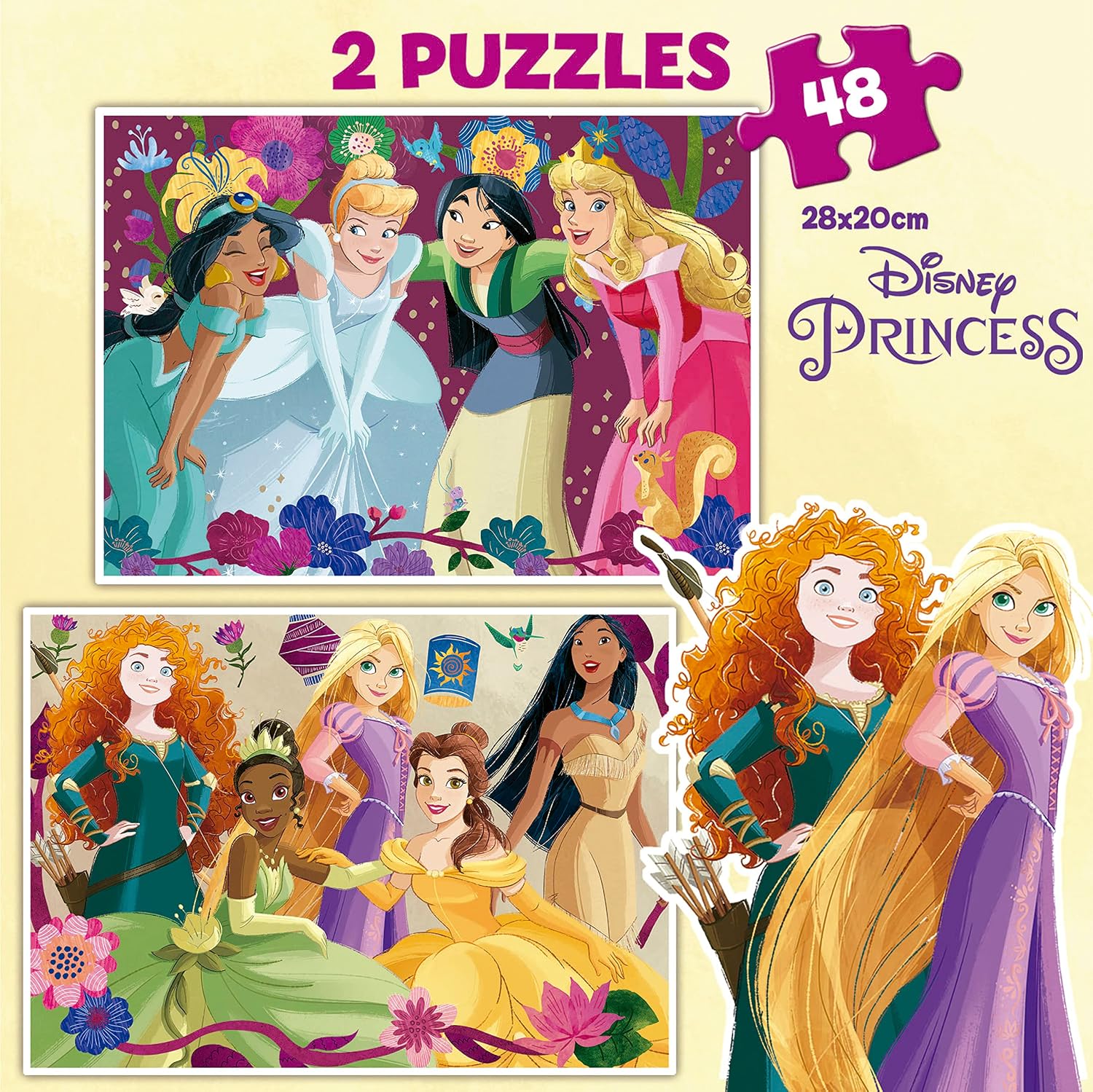 Detalle de Educa Kinderpuzzle Disney Princess – 2x48 Teile (Rapunzel, Mulan, Belle) ab 4 Jahren, 19675
