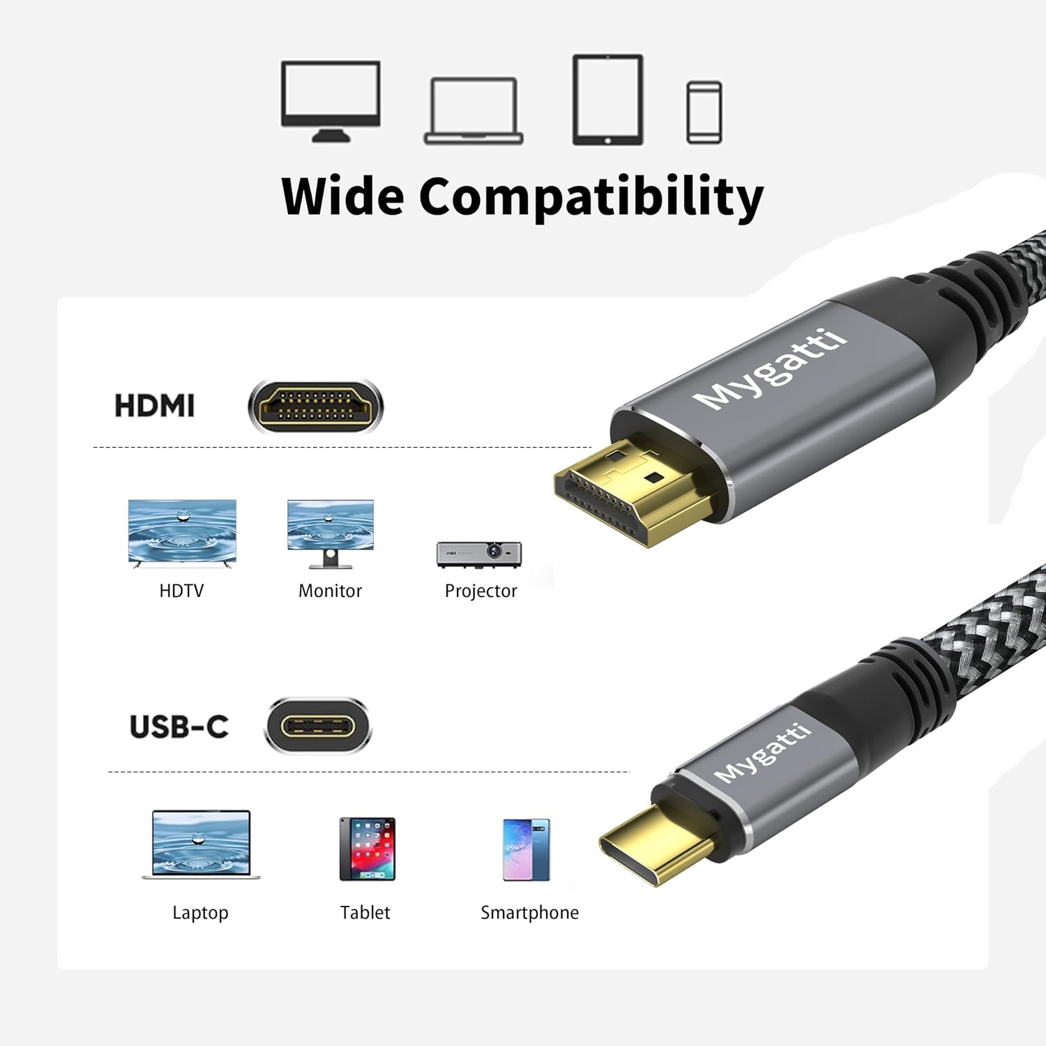 Thumbnail 2 de Mygatti USB‑C auf HDMI Kabel 1,5 m – 4K UHD, mit 90°/270° Adapter, kompatibel mit iPhone 15/16/17 und MacBook