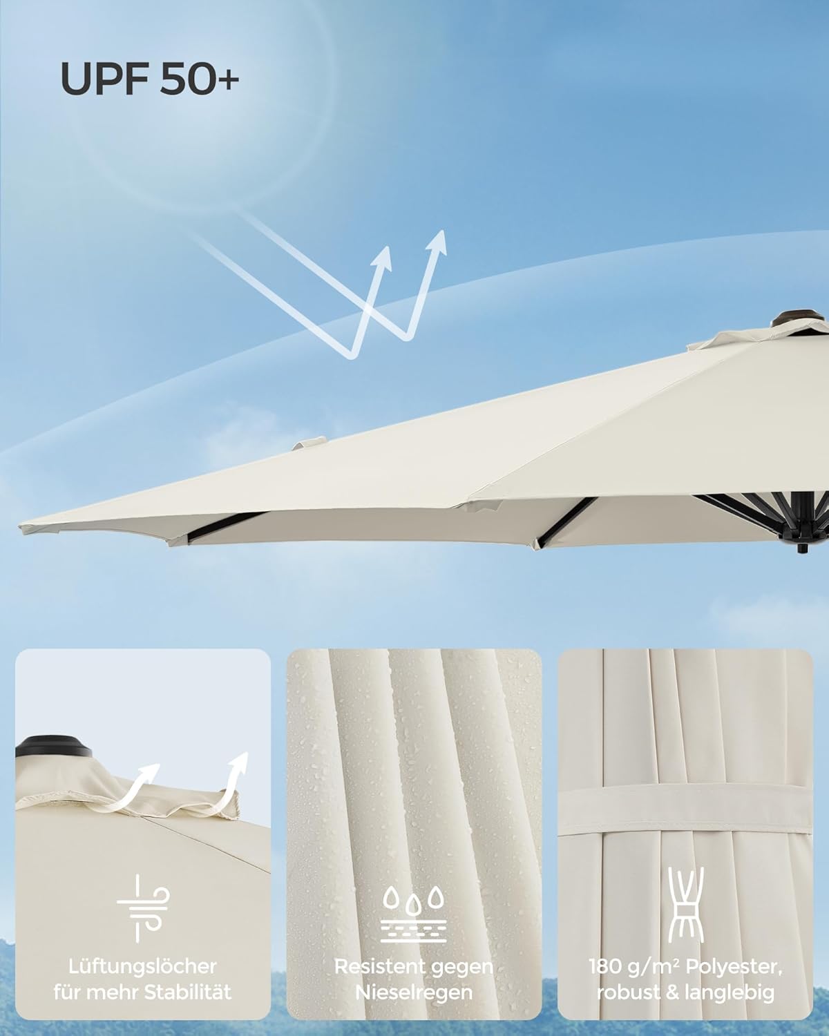 Detalle de SONGMICS Ampelschirm 300 cm mit UPF 50+, 360° drehbar & stufenlos verstellbar (GPU074Y10)