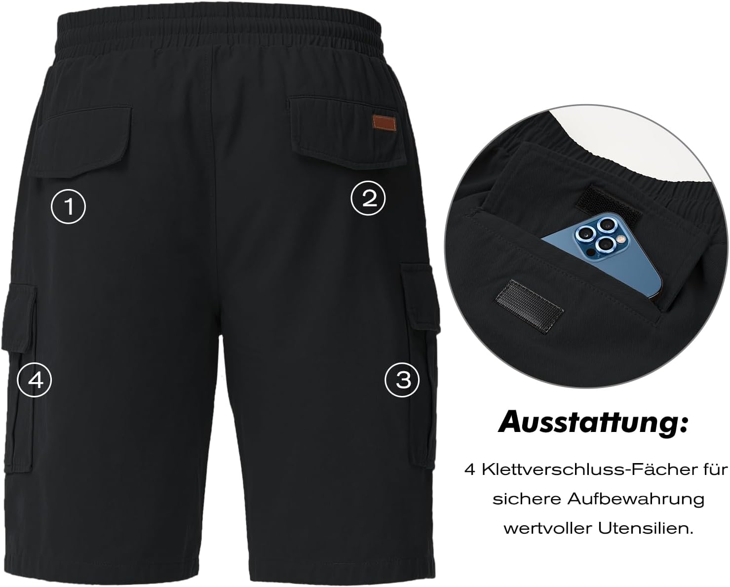 Detalle de HMIYA Kurze Cargo-Hosen für Herren aus Baumwolle – robuste, bequeme Shorts mit 6 Taschen