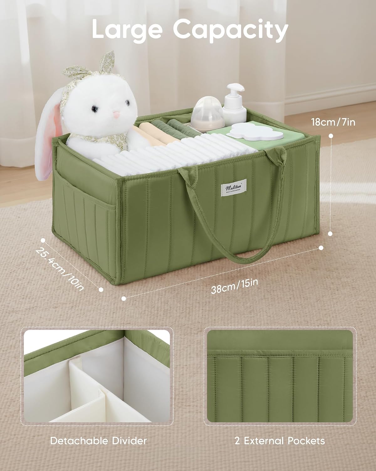 Thumbnail 2 de Maliton Nappy Caddy Organiser – Portable Baby Changing Station with Removable Dividers and Side Pockets (Green)