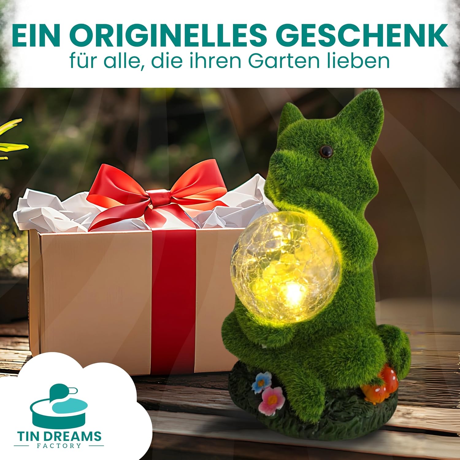Detalle de TIN DREAMS FACTORY Solarfigur Fuchs für Garten – LED-Tierfigur aus wetterfestem Harz