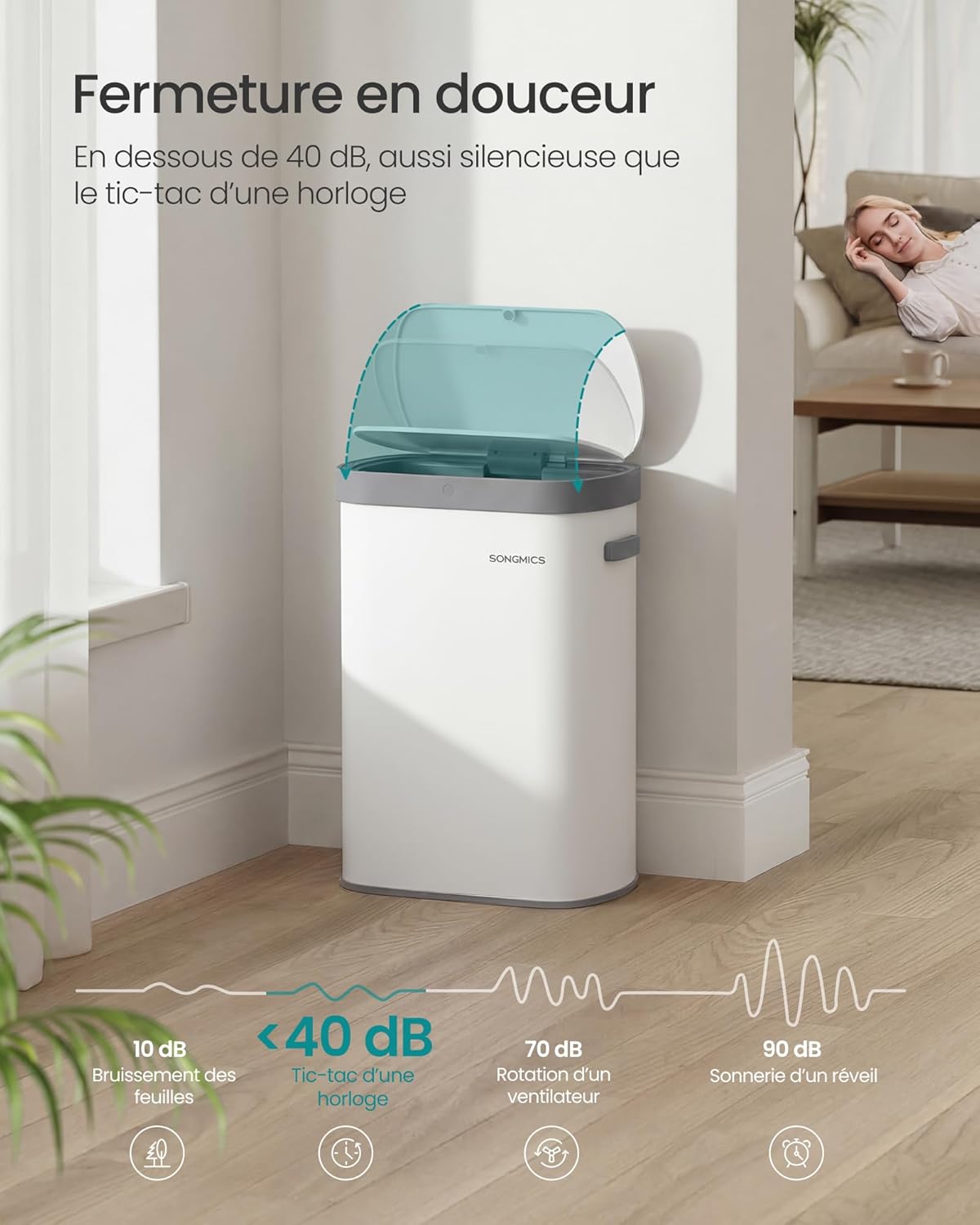 Detalle 2 de SONGMICS LTB640E01 — Poubelle de cuisine automatique 50 L à capteur et fermeture douce