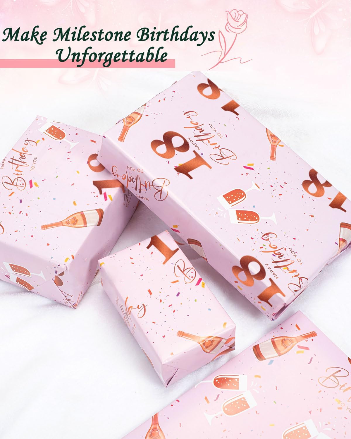 Thumbnail 4 de Vinuwu 6 Sheets 18th Birthday Wrapping Paper – Rose Gold Pink, 70x50cm