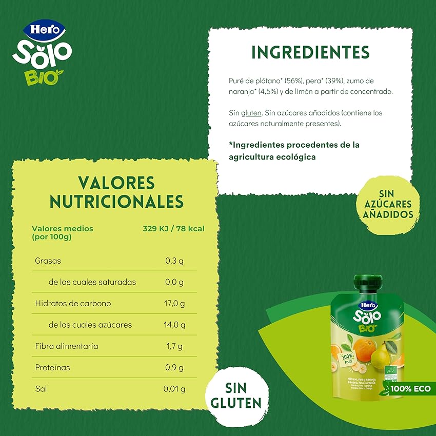 Detalle 2 de Hero Solo - Bolsitas de Fruta Ecológicas 🍌🍐🍊, Sin Aditivos, 18x100g