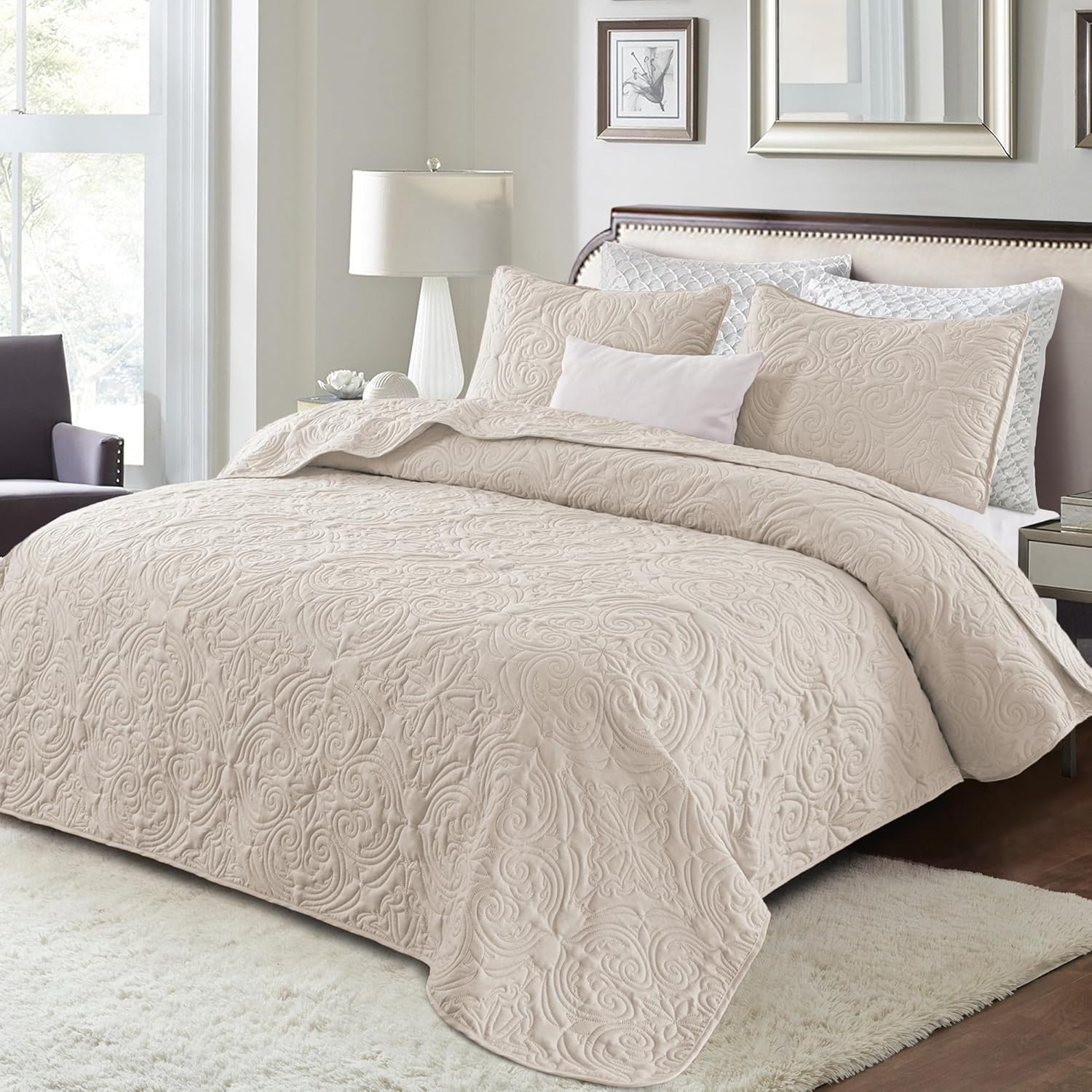 Detalle 2 de Exclusivo Mezcla QS-YP-TBE Twin Quilt Set, Beige Cream Microfiber Damask