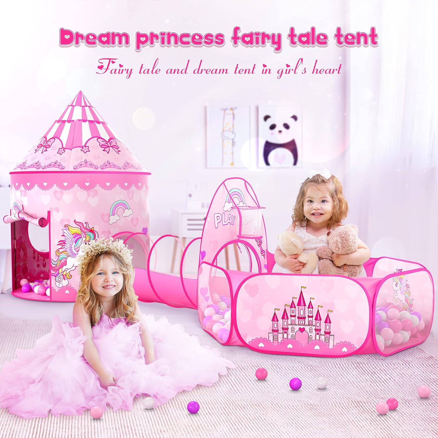 Thumbnail 2 de GeerWest 3-Piece Princess Tent for Girls with Ball Pit and Crawl Tunnel (Pink) – Indoor & Outdoor 3-in-1 Playhouse