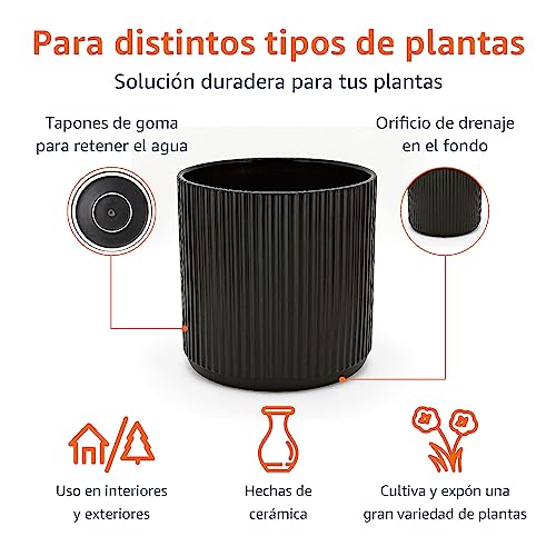 Thumbnail 1 de Amazon Basics maceta redonda de cerámica estriada (20,3 cm) en negro