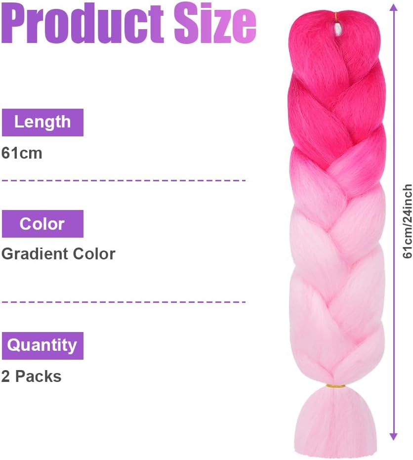 Detalle de Aoimg rajout cheveux en tresse Jumbo 2 pièces, 65 cm (fibre synthétique) pour crochet/twist – dégradé rose