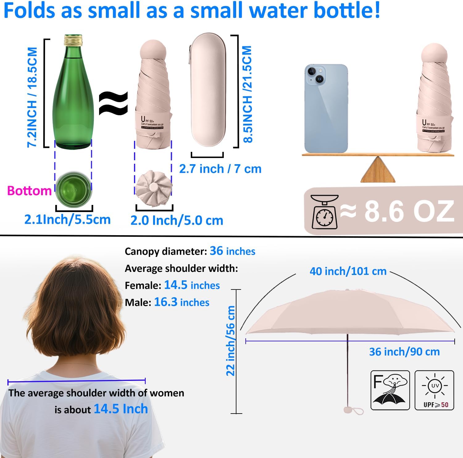 Detalle de BAODINI Travel Mini Umbrella for Purse with Case (UPF 50+ UV Protection) – small compact pocket umbrella