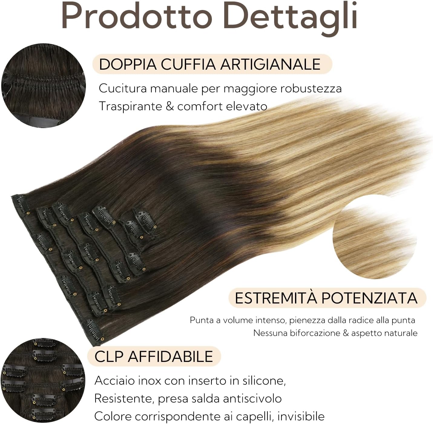 Detalle de HOTBANANA Extension Capelli Veri Clip Castano Scuro fino a Castano e Biondo Sporco Evidenziato, 35 cm (7 pz, 120 g)