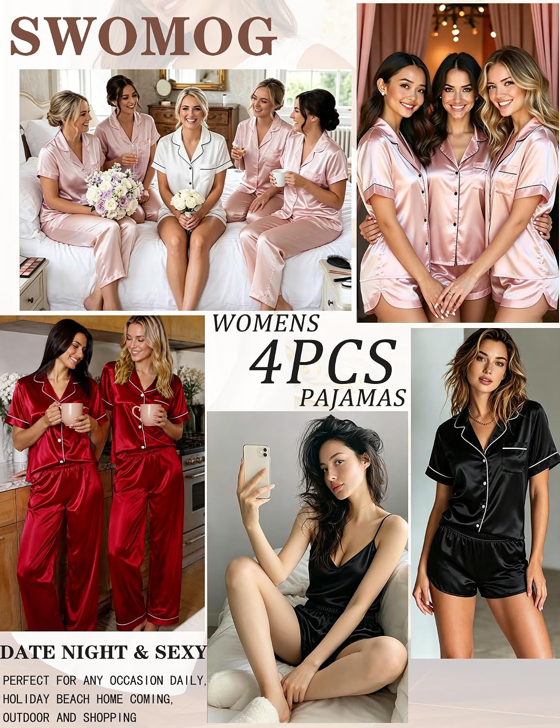 Detalle 2 de SWOMOG 4-Piece Satin Pajama Set with Cami and Button-Down Shirt
