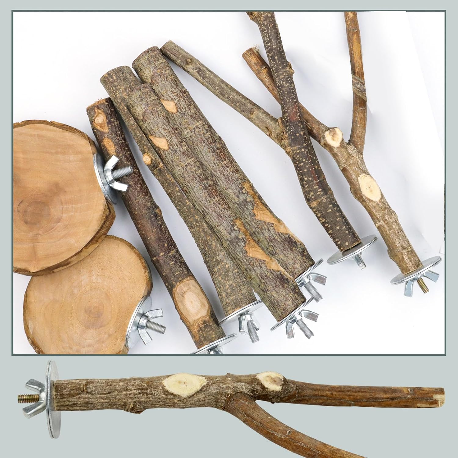 Thumbnail 3 de PERSENTU 8-Piece Natural Wooden Bird Cage Perches Set for Budgies, Cockatiels & Small Birds