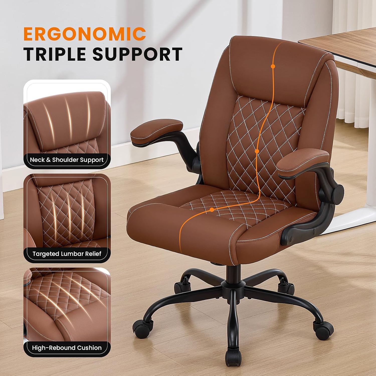 Thumbnail 6 de Deroavixe YZ-5272-BRN-US Executive Office Chair, Brown PU Leather, Flip-Up Arms