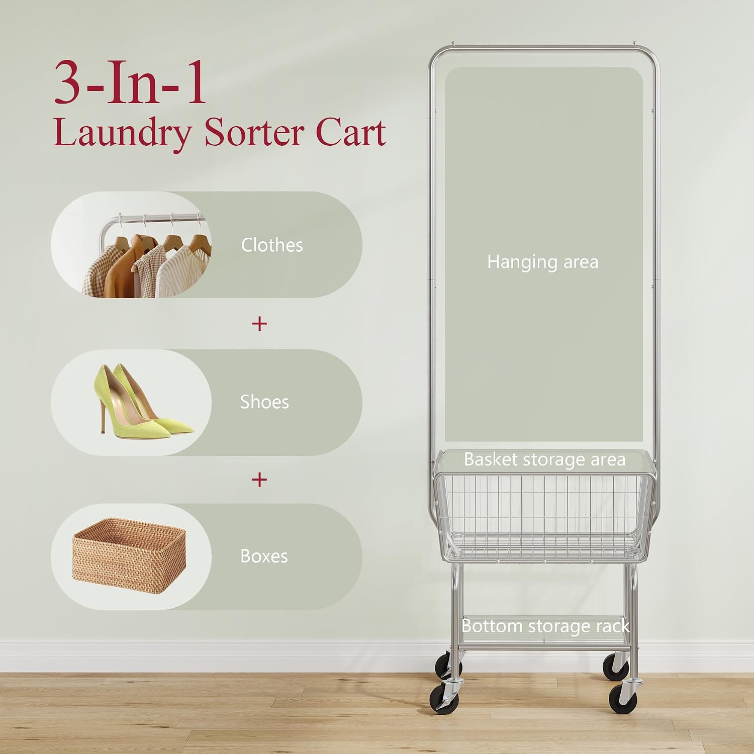 Thumbnail 2 de Tajsoon Laundry Cart with Clothes Rack (Chrome) – mobile laundry hamper with hanging rail and lockable wheels