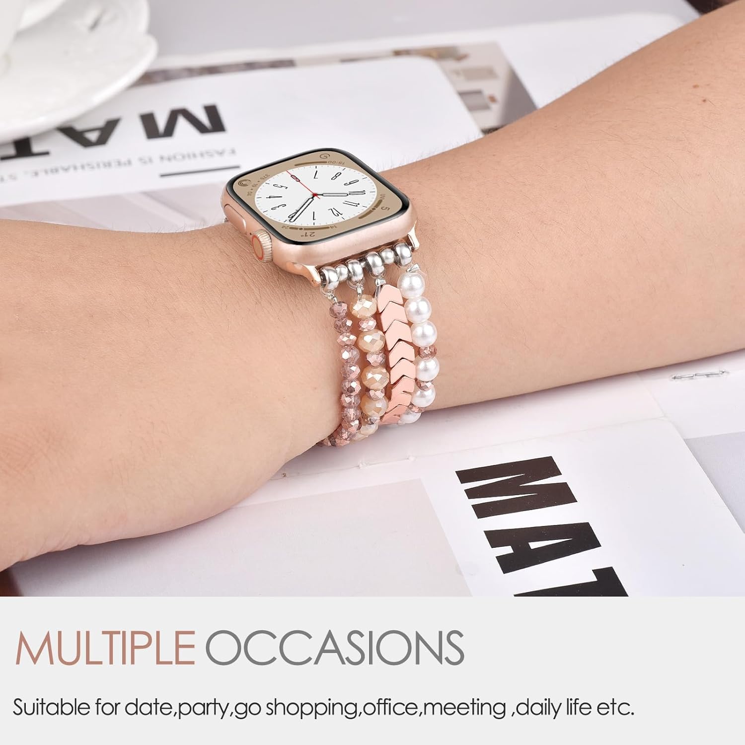 Thumbnail 3 de V.R.HOPE Unique Beaded Strap for Apple Watch 44–49mm (Rose White, Small): Elegant Beaded Band for Women