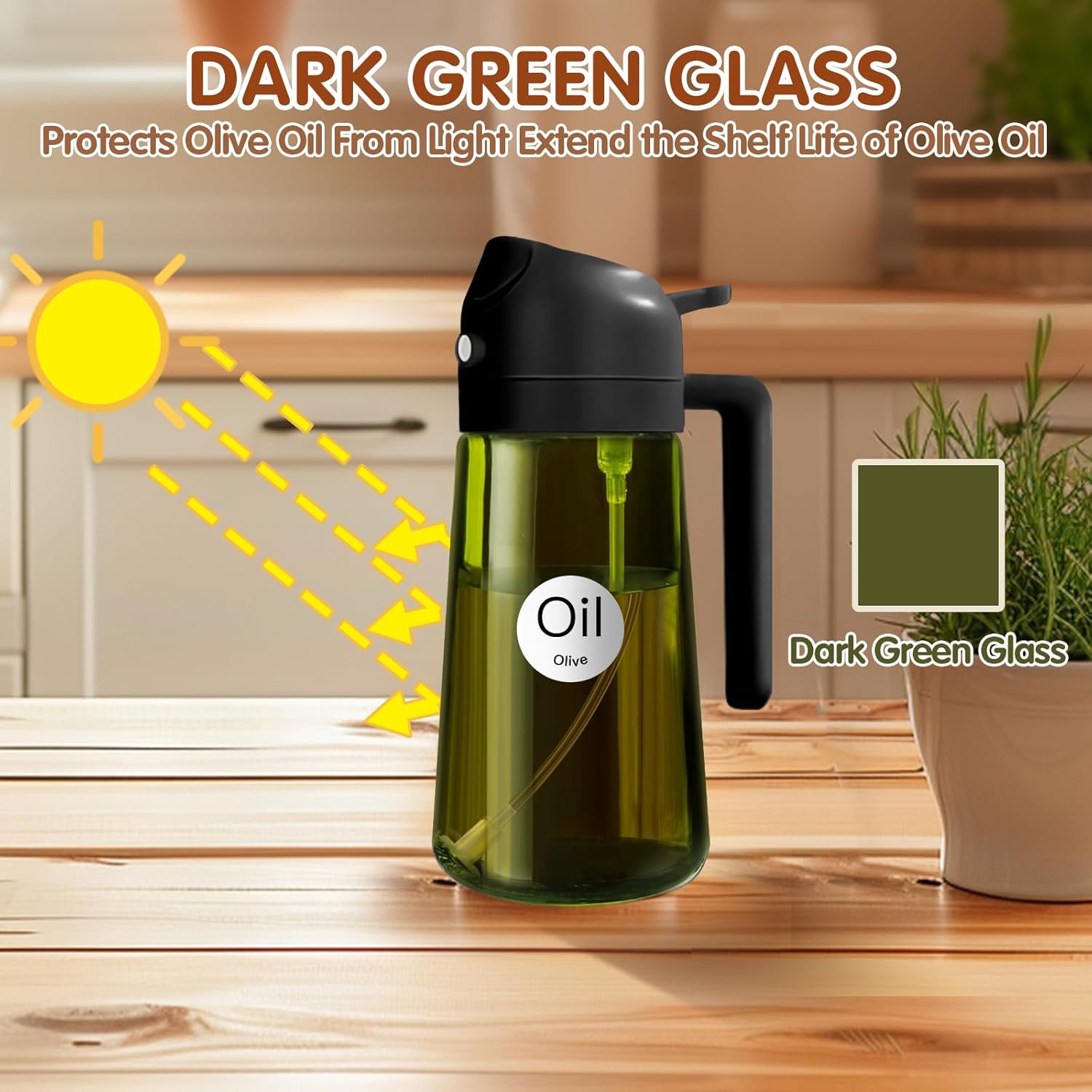 Detalle 2 de YARRAMATE 16oz/470ml 2-Pack Light Blockage Dark Oil Sprayer & 2-in-1 Olive Oil Dispenser (Green Glass, Black & Green)