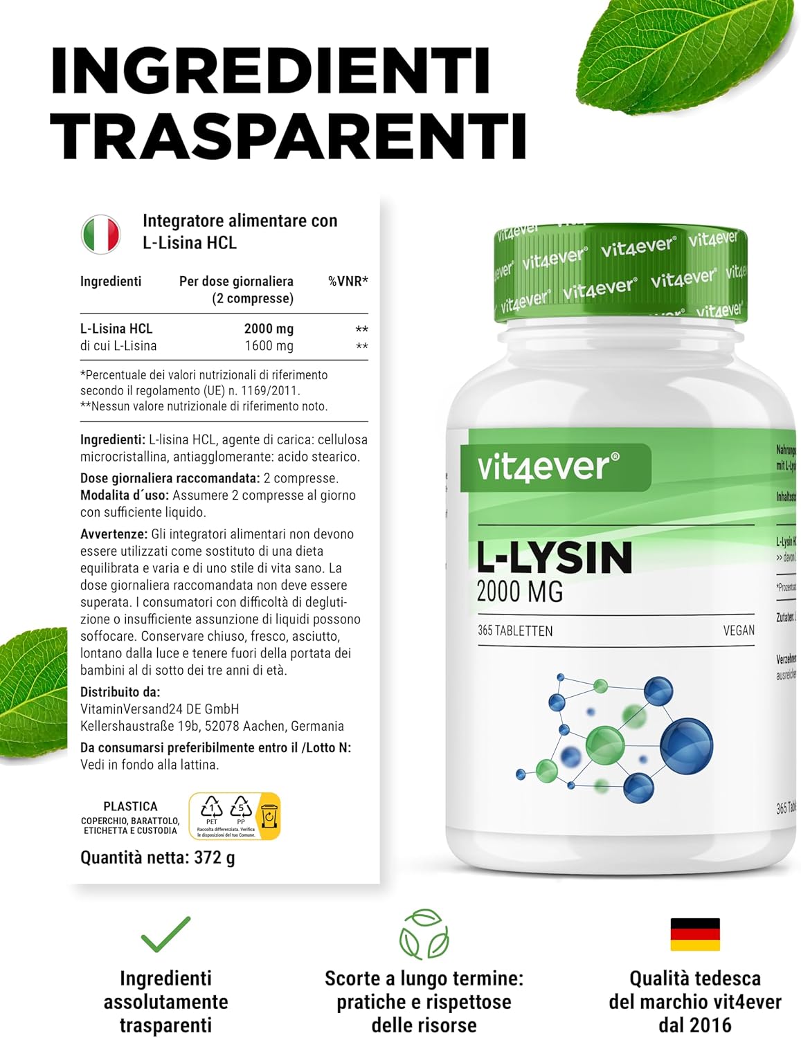 Thumbnail 4 de Vit4ever L-Lisina 365 Compresse: alto dosaggio 2000 mg/giorno, vegano e senza additivi