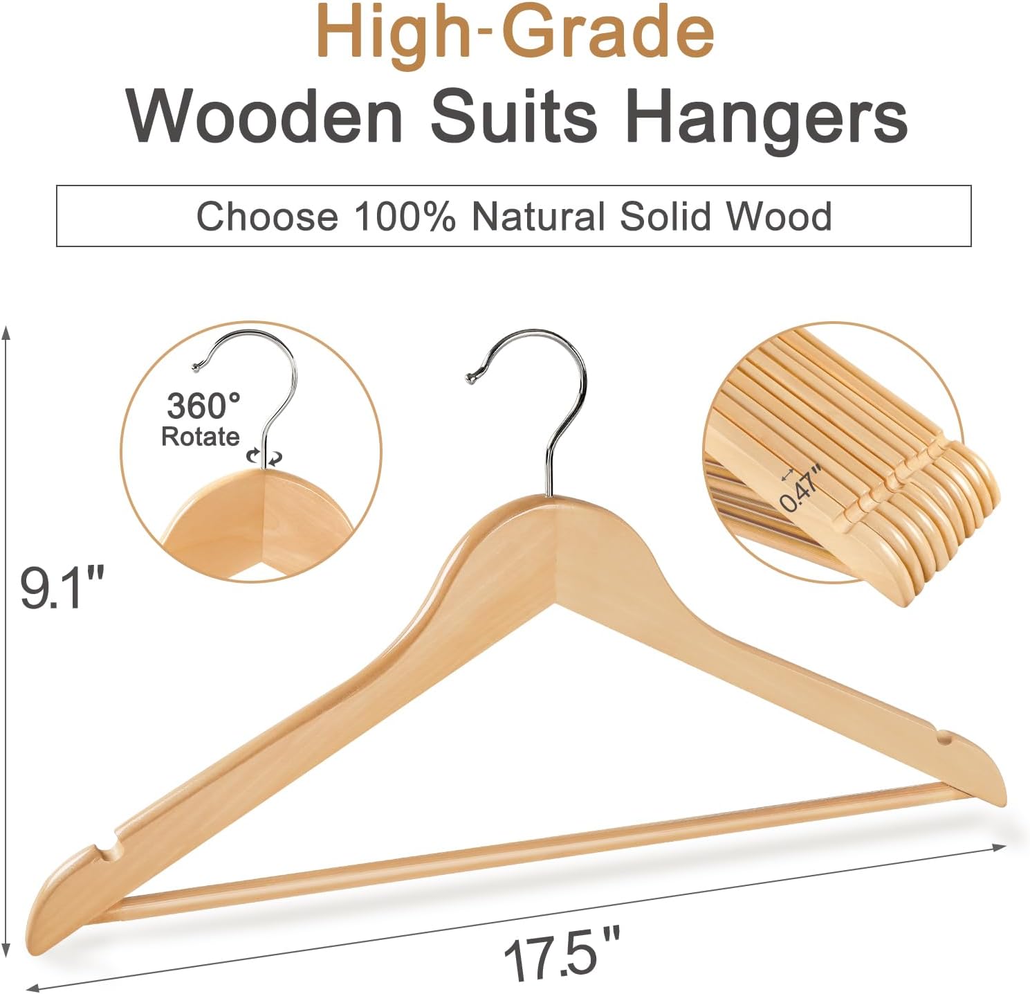 Detalle 2 de TOPIA HANGER CT34N30 Wooden Hangers, 30 Pack with Non-Slip Pants Bar